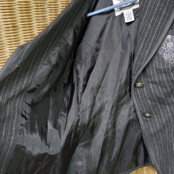 COPY - BB Dakota Blazer Suit Jacket Cropped Lined Gray Pinstripes Logo Size S/34 - Picture 4 of 10